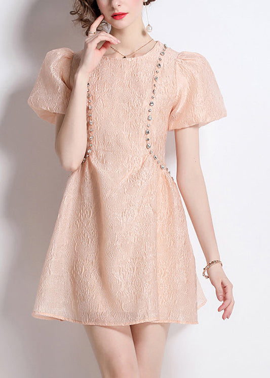 O Jacquard French Neck Summer Bead Cotton Nail Pink Dresses