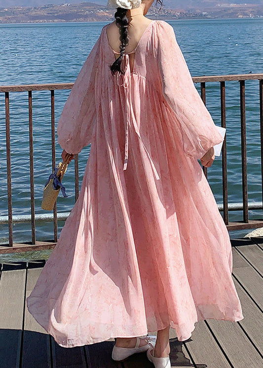 O Wrinkled Long Up Neck Lace Chiffon Summer French Pink Dresses