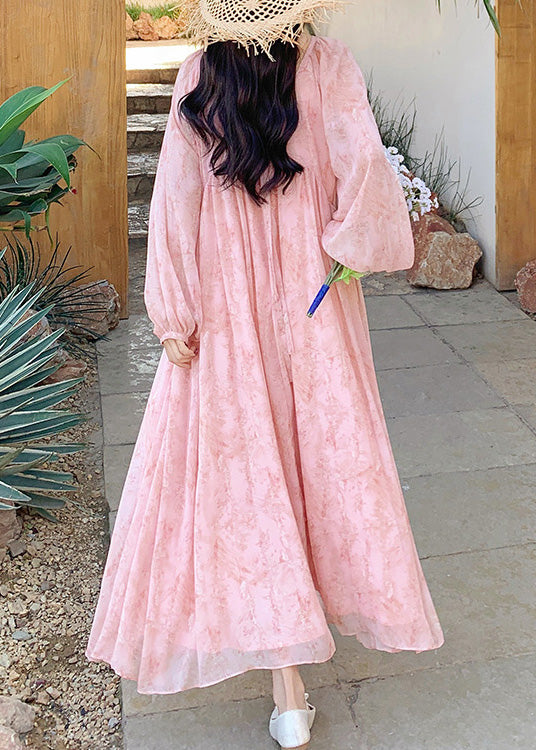 O Wrinkled Long Up Neck Lace Chiffon Summer French Pink Dresses