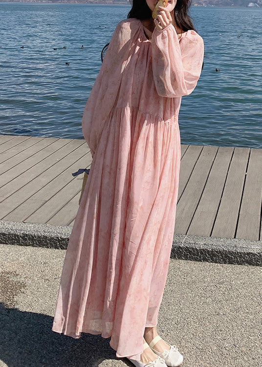 O Wrinkled Long Up Neck Lace Chiffon Summer French Pink Dresses