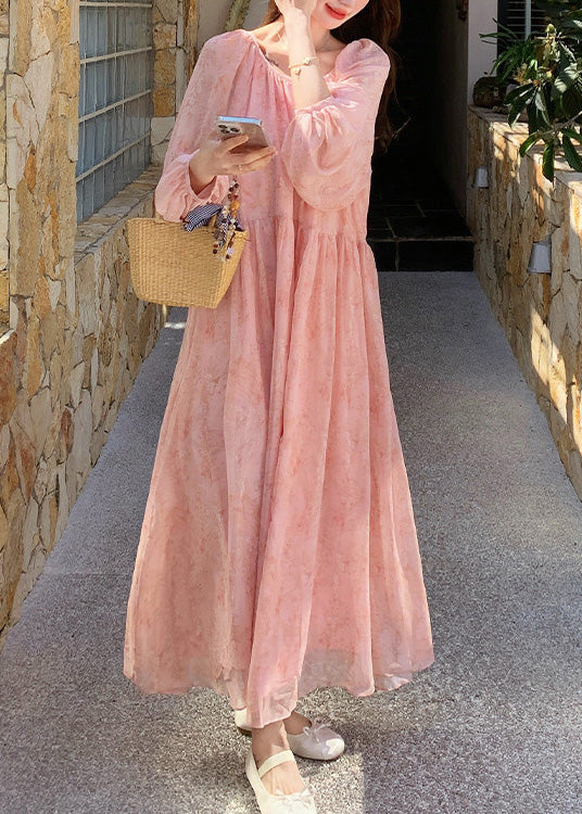 O Wrinkled Long Up Neck Lace Chiffon Summer French Pink Dresses