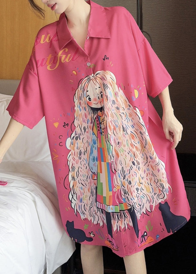 French Dress Pink Pan Silk Peter Print Collar Ice Summer Shirts