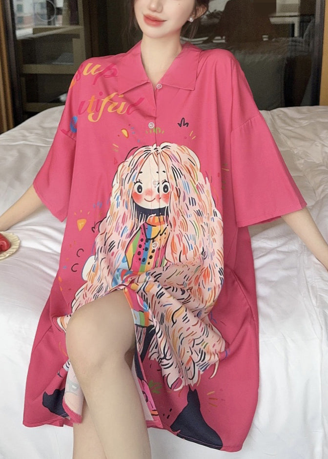 French Dress Pink Pan Silk Peter Print Collar Ice Summer Shirts