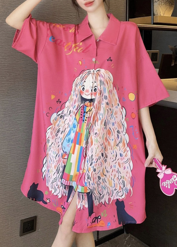 French Dress Pink Pan Silk Peter Print Collar Ice Summer Shirts