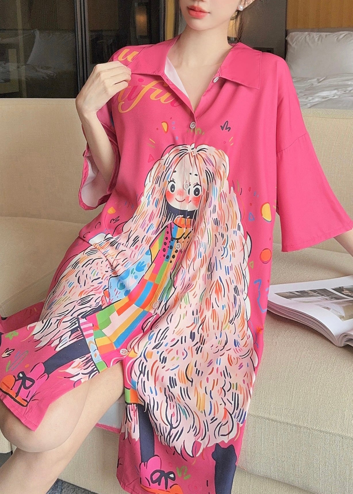 French Dress Pink Pan Silk Peter Print Collar Ice Summer Shirts