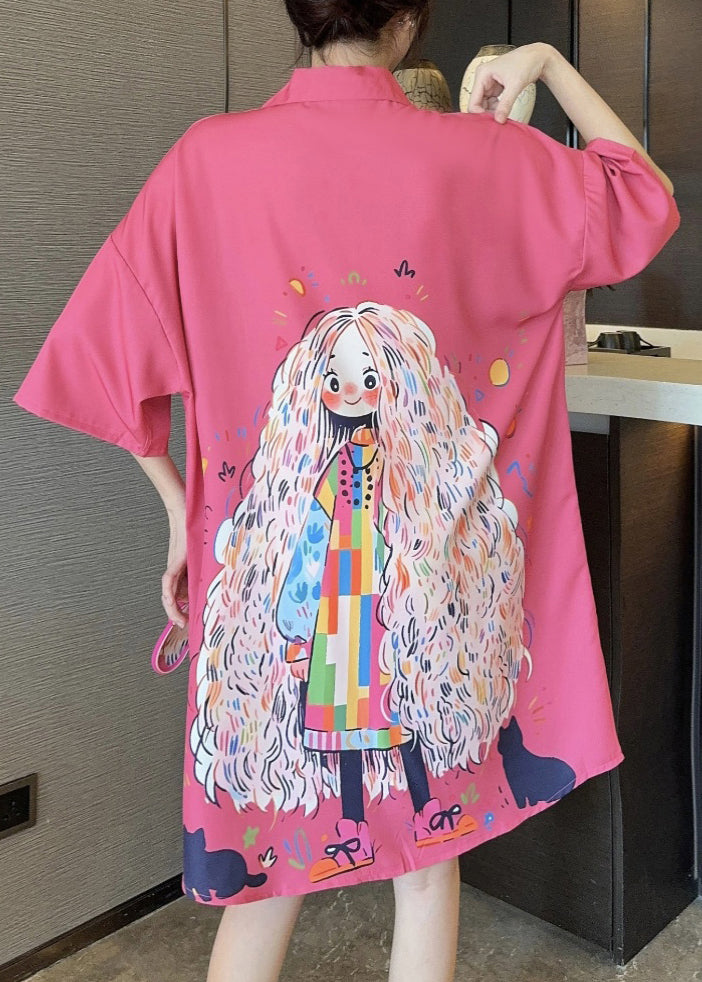 French Dress Pink Pan Silk Peter Print Collar Ice Summer Shirts