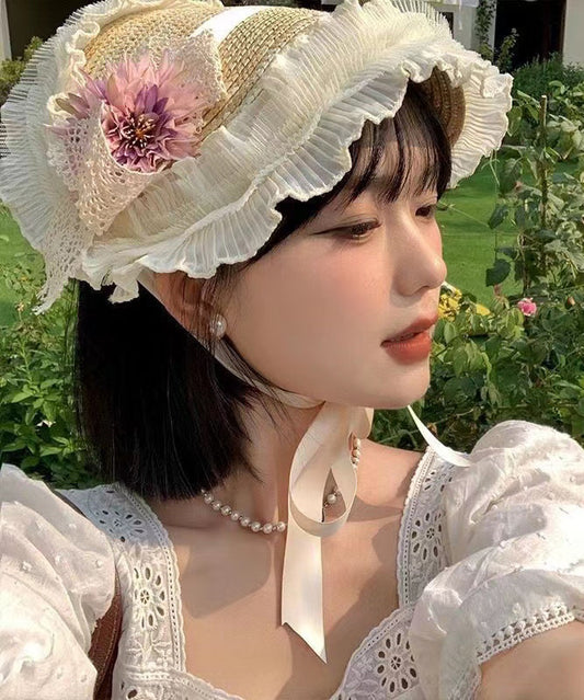 French Pink Purple Lace Flower Ruffles Grass Woven Sun Hat YU1007