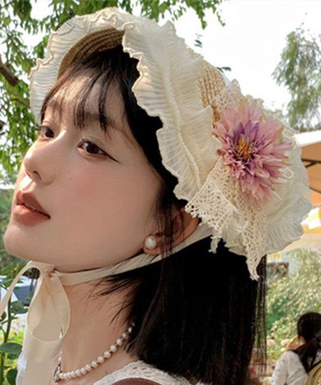 Chapeau de soleil tissé en herbe à volants en dentelle rose violette française YU1007