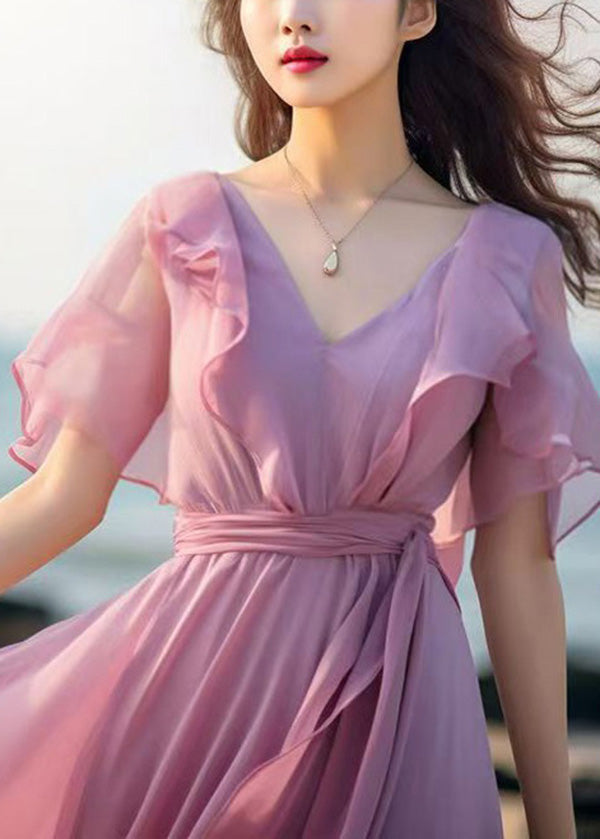 French Pink Tie Waist Patchwork Chiffon Dresses Butterfly Sleeve XX057