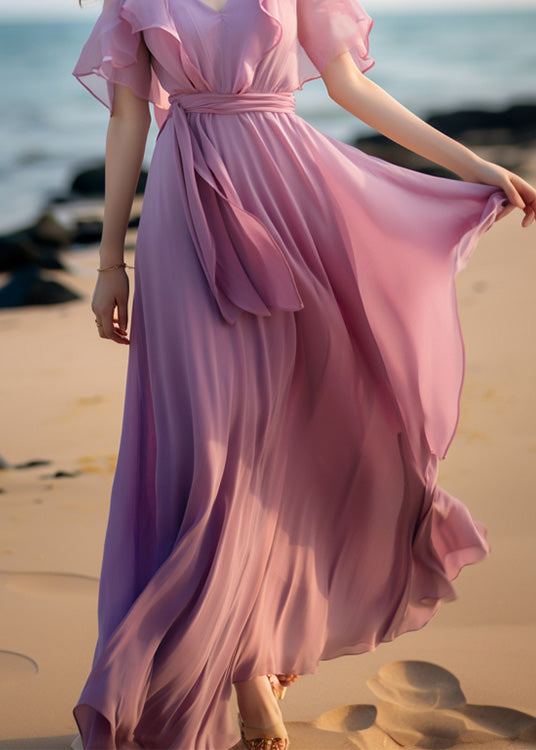 French Pink Tie Waist Patchwork Chiffon Dresses Butterfly Sleeve XX057