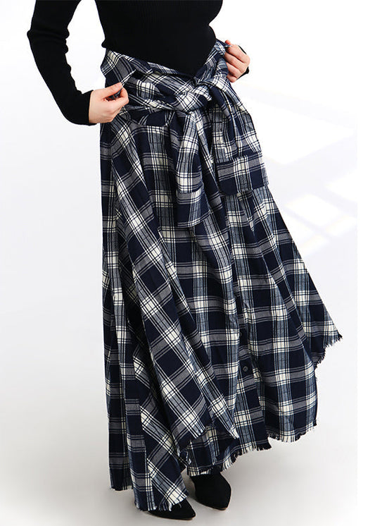 French Plaid Lace Up Button Elastic Waist Cotton Skirt Spring Ada Fashion