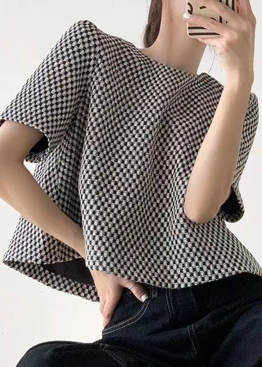 French Plaid O Neck Cotton T Shirts Short Sleeve GH1006