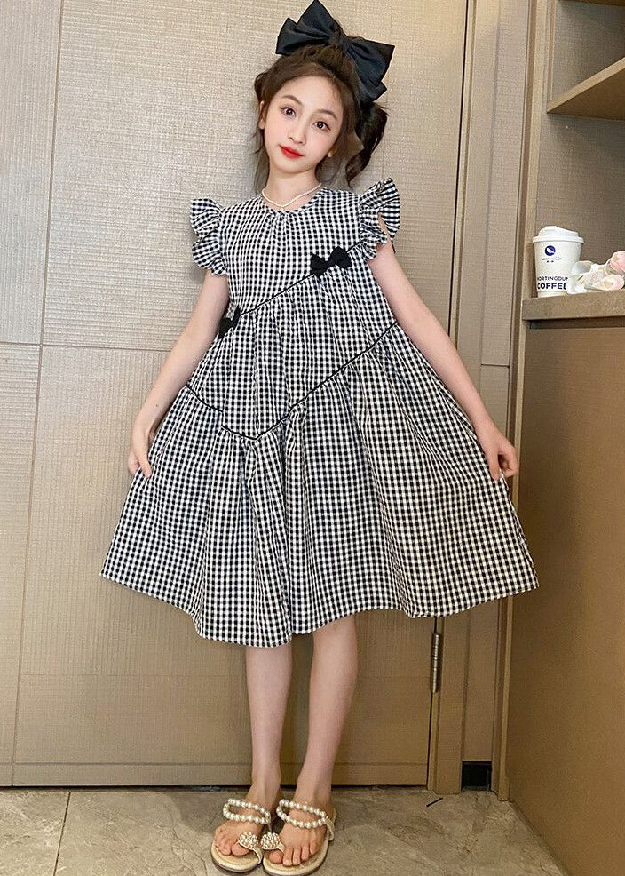 French Plaid O-Neck Patchwork Cotton Girls Dresses Summer TT005