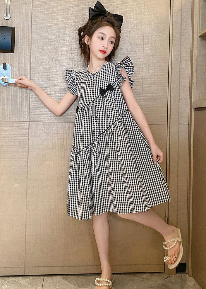 French Plaid O-Neck Patchwork Cotton Girls Dresses Summer TT005