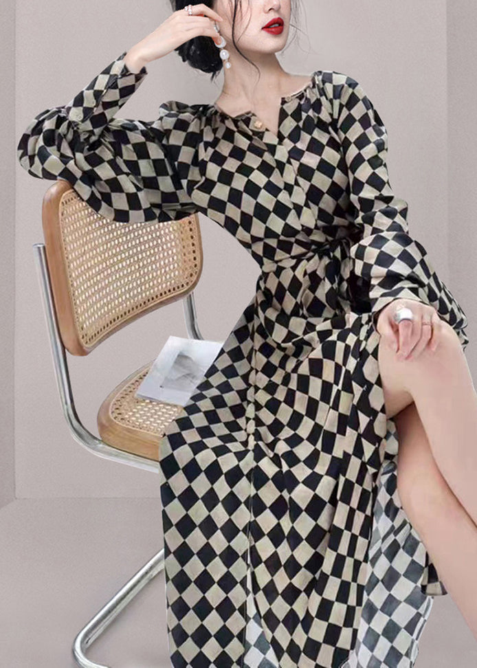 Plaid Waist Long Chiffon Dresses Tie French Fall Pockets
