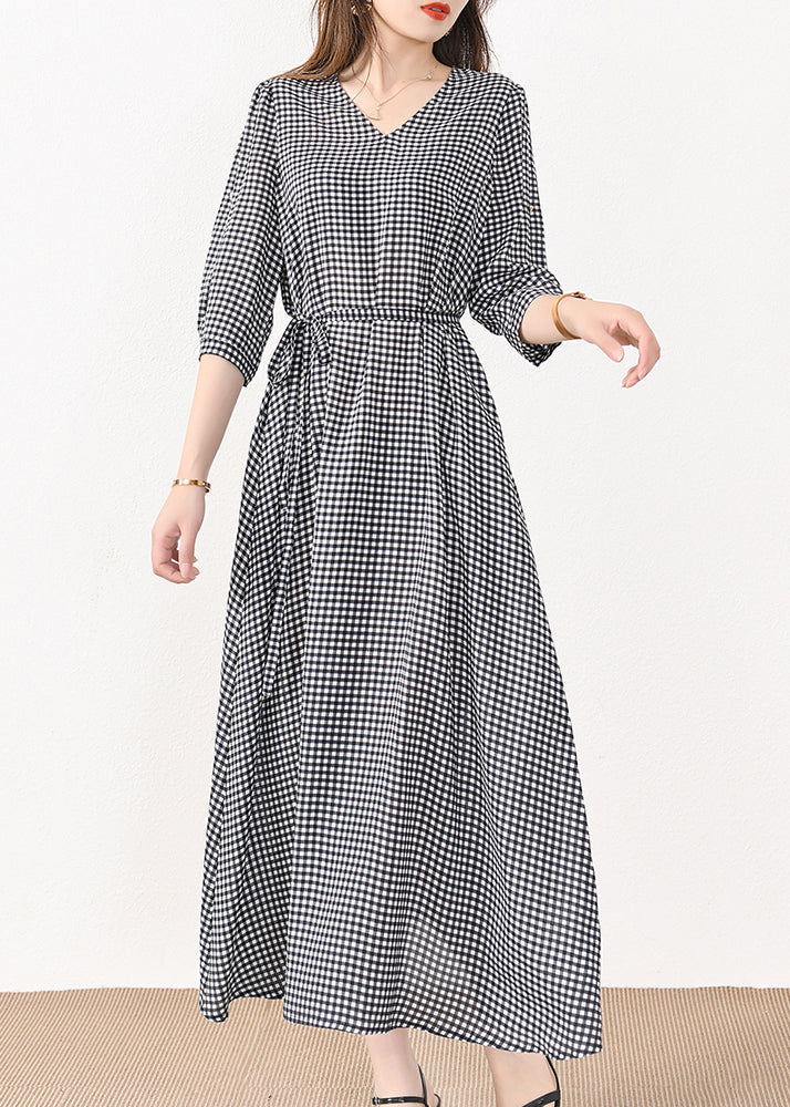 Robe longue en soie et coton à carreaux français avec poches et ceinture nouée, manches mi-longues, MN057