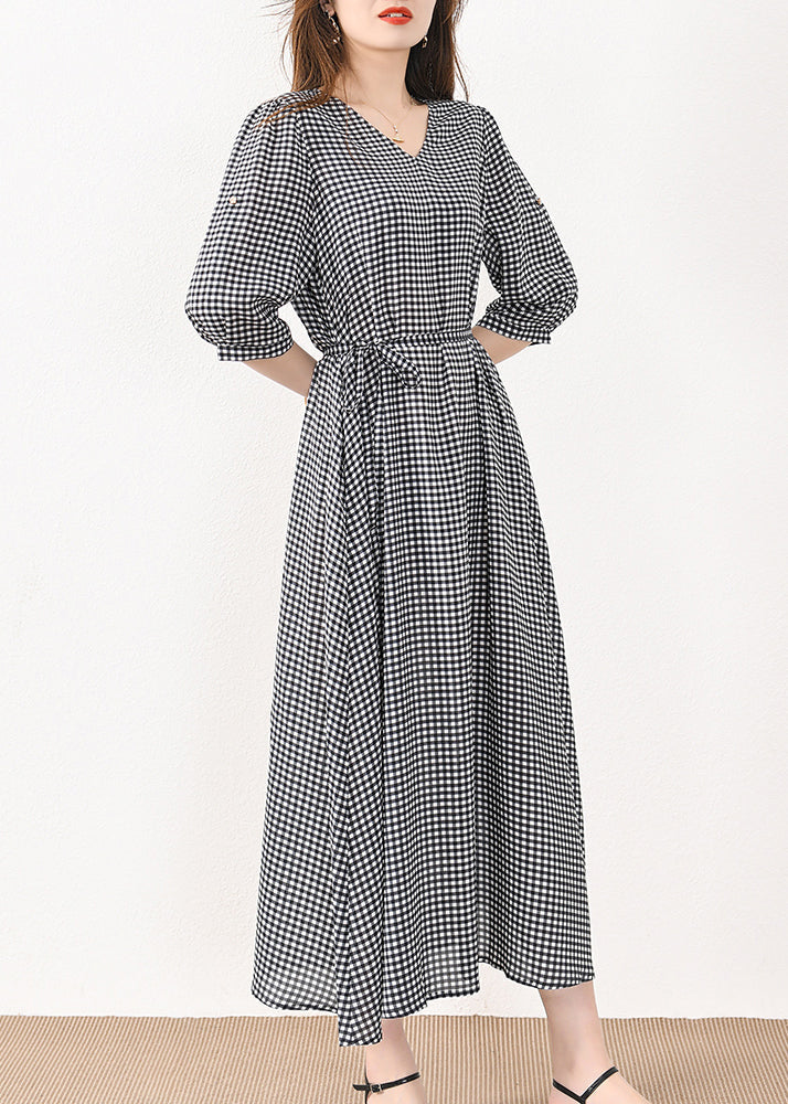 Robe longue en soie et coton à carreaux français avec poches et ceinture nouée, manches mi-longues, MN057