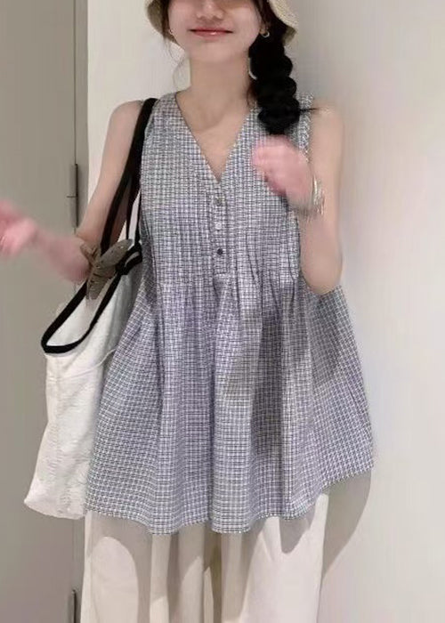 V Sleeveless Wrinkled Neck Plaid Shirts French Cotton