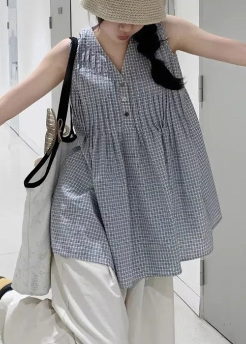 V Sleeveless Wrinkled Neck Plaid Shirts French Cotton