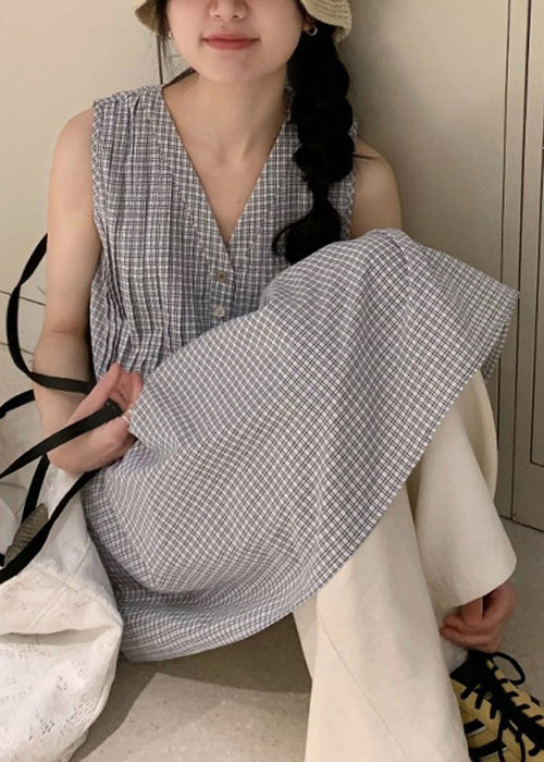 V Sleeveless Wrinkled Neck Plaid Shirts French Cotton