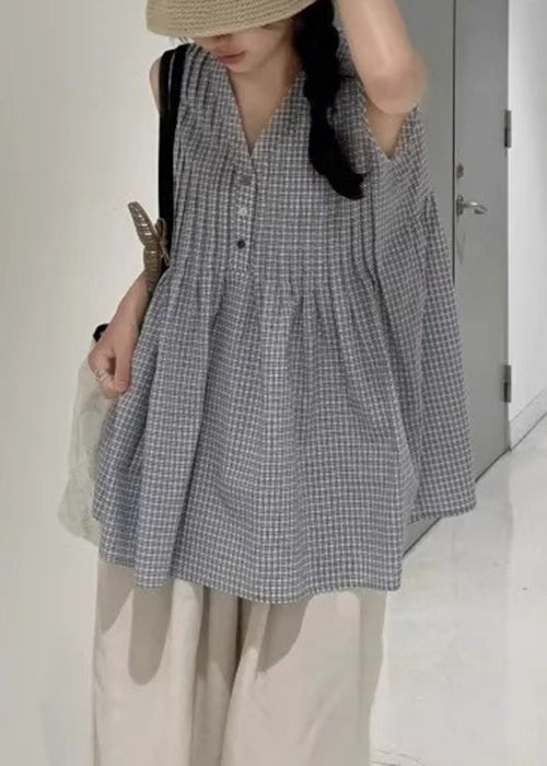 V Sleeveless Wrinkled Neck Plaid Shirts French Cotton