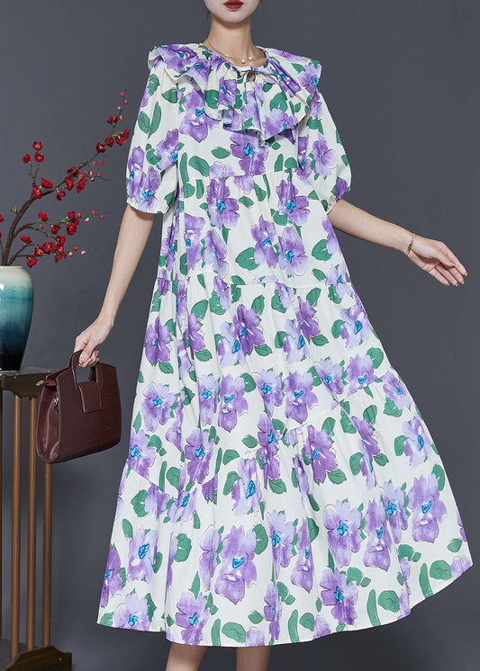 French Purple Peter Pan Collar Floral Cotton Maxi Dresses Summer SD1030