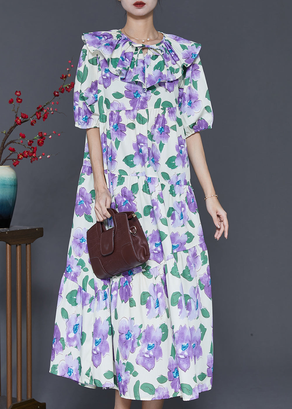 French Purple Peter Pan Collar Floral Cotton Maxi Dresses Summer SD1030