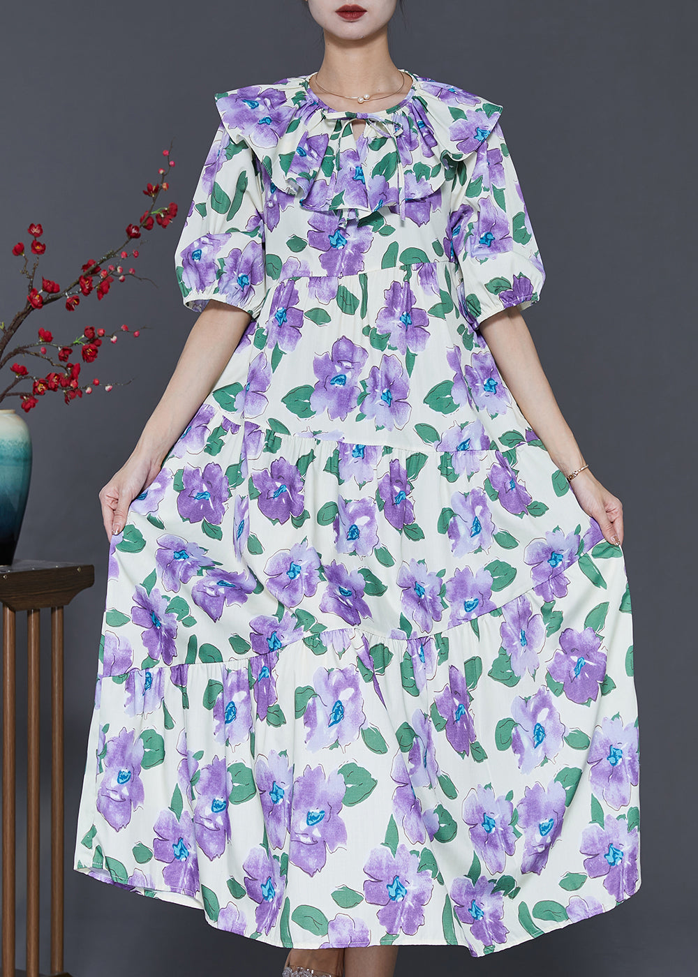 French Purple Peter Pan Collar Floral Cotton Maxi Dresses Summer SD1030