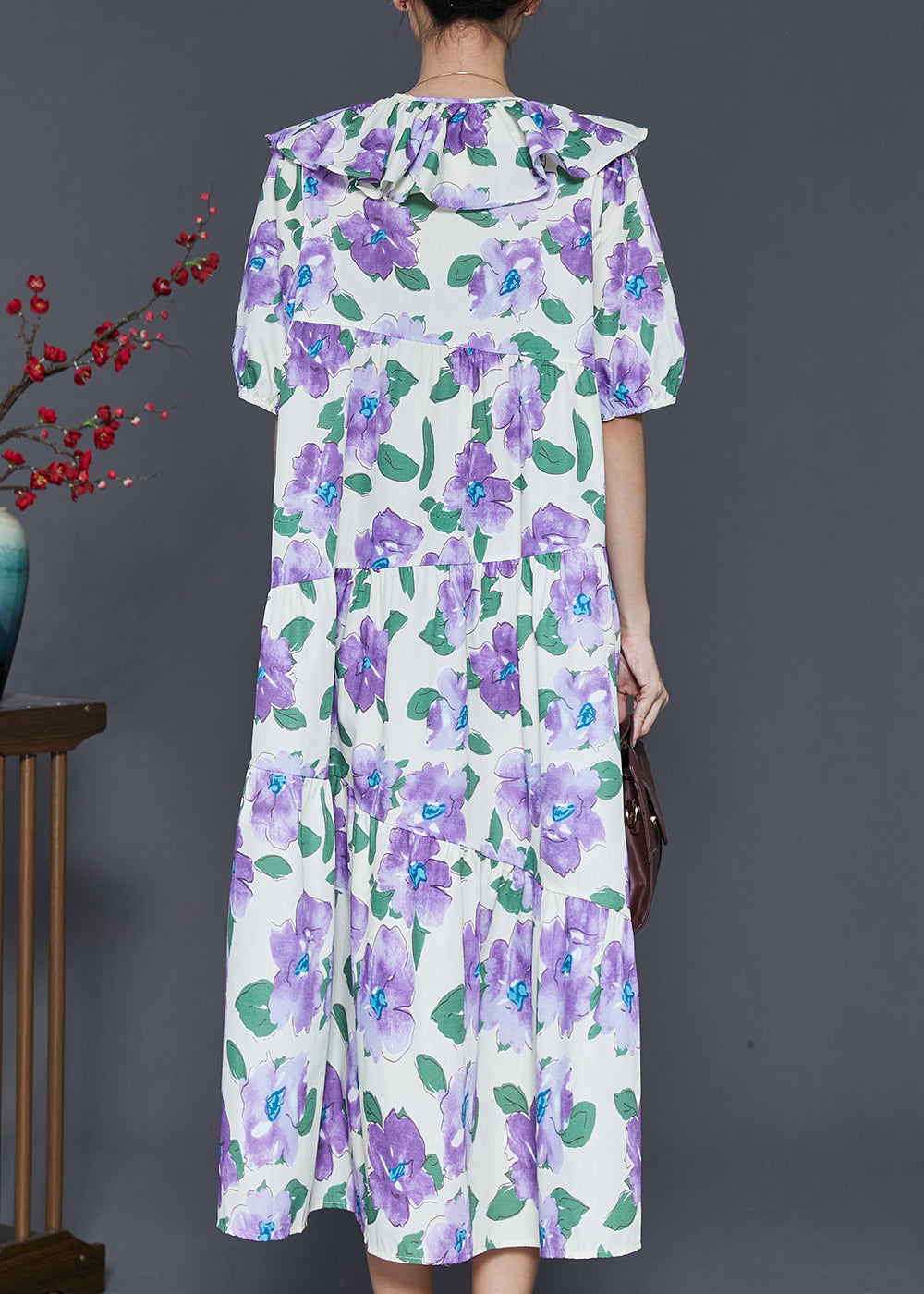 French Purple Peter Pan Collar Floral Cotton Maxi Dresses Summer SD1030