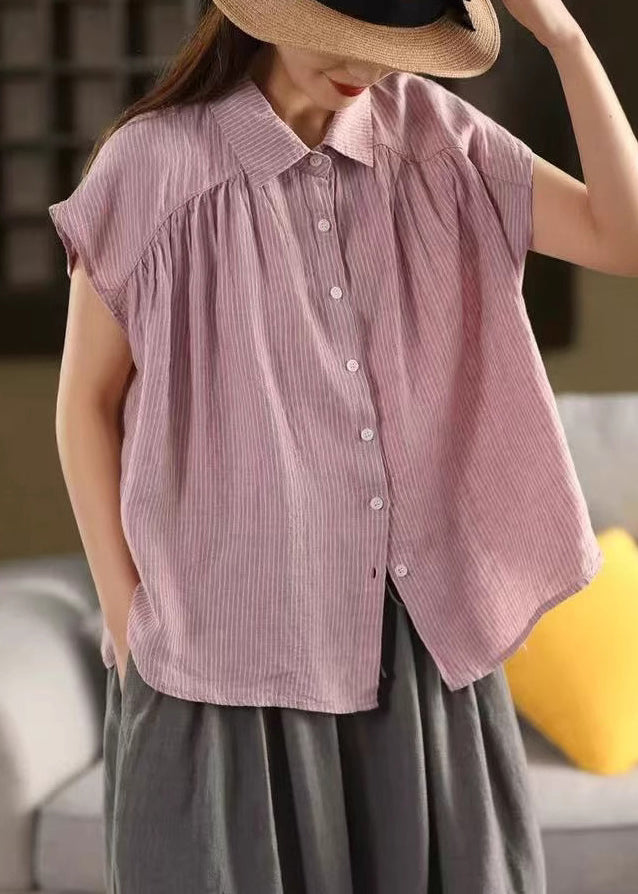 Striped Collar Linen Pan Peter Purple Blouses Summer French