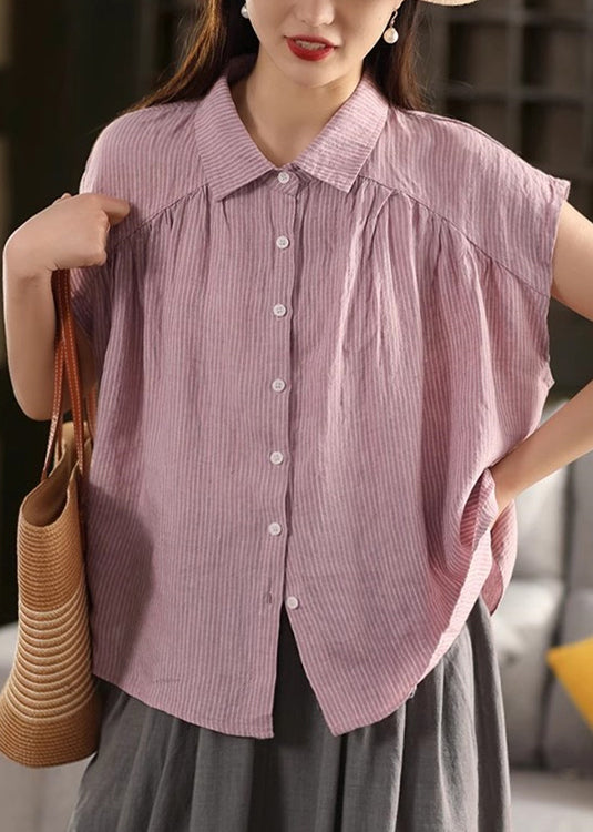 Striped Collar Linen Pan Peter Purple Blouses Summer French