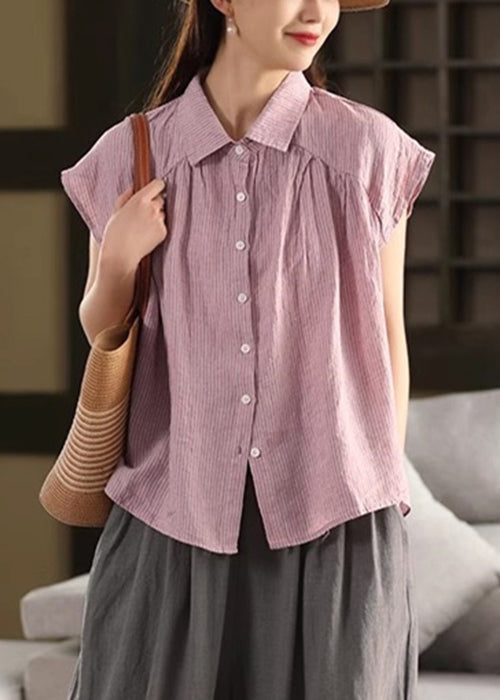 Striped Collar Linen Pan Peter Purple Blouses Summer French