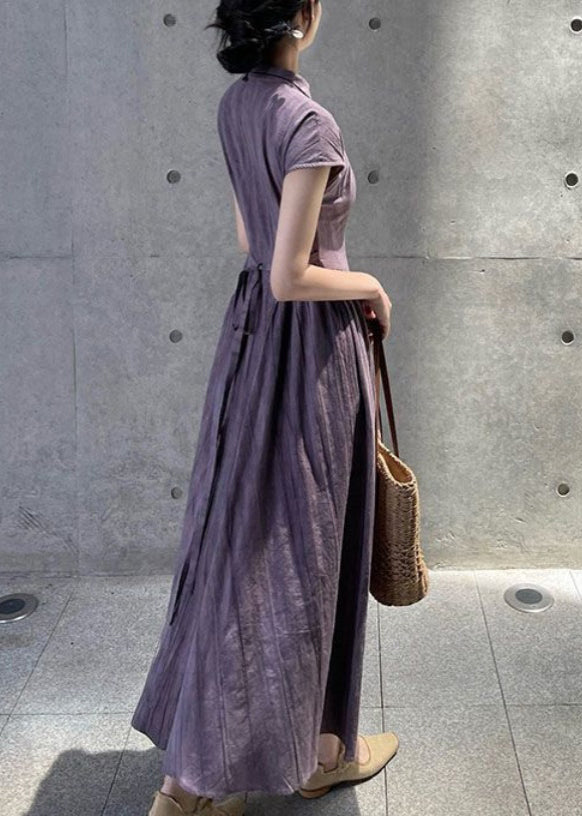 French Purple Stand Collar Pockets Linen Dress Summer QE024