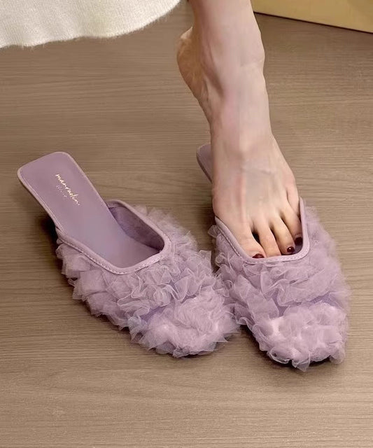 French Purple Wrinkled Tulle Slide Sandals Kitten