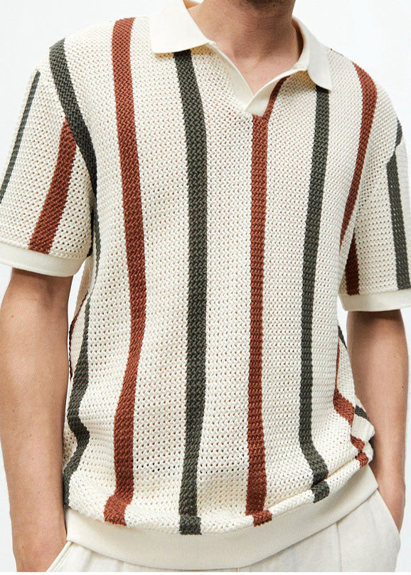 Summer Striped French Knit Rainbow Men Hollow Out Graphic Tees