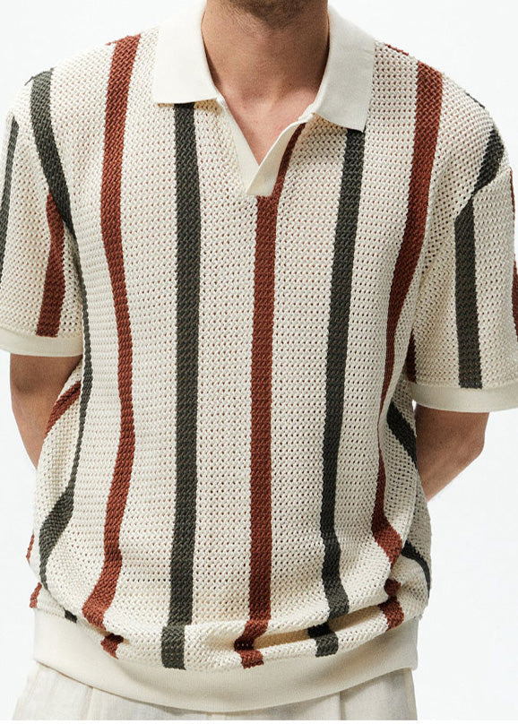 Summer Striped French Knit Rainbow Men Hollow Out Graphic Tees