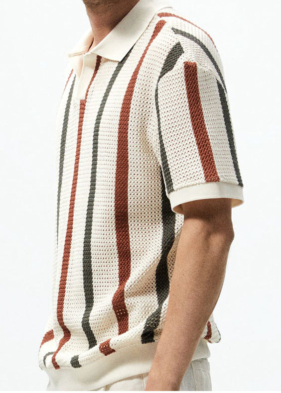 Summer Striped French Knit Rainbow Men Hollow Out Graphic Tees