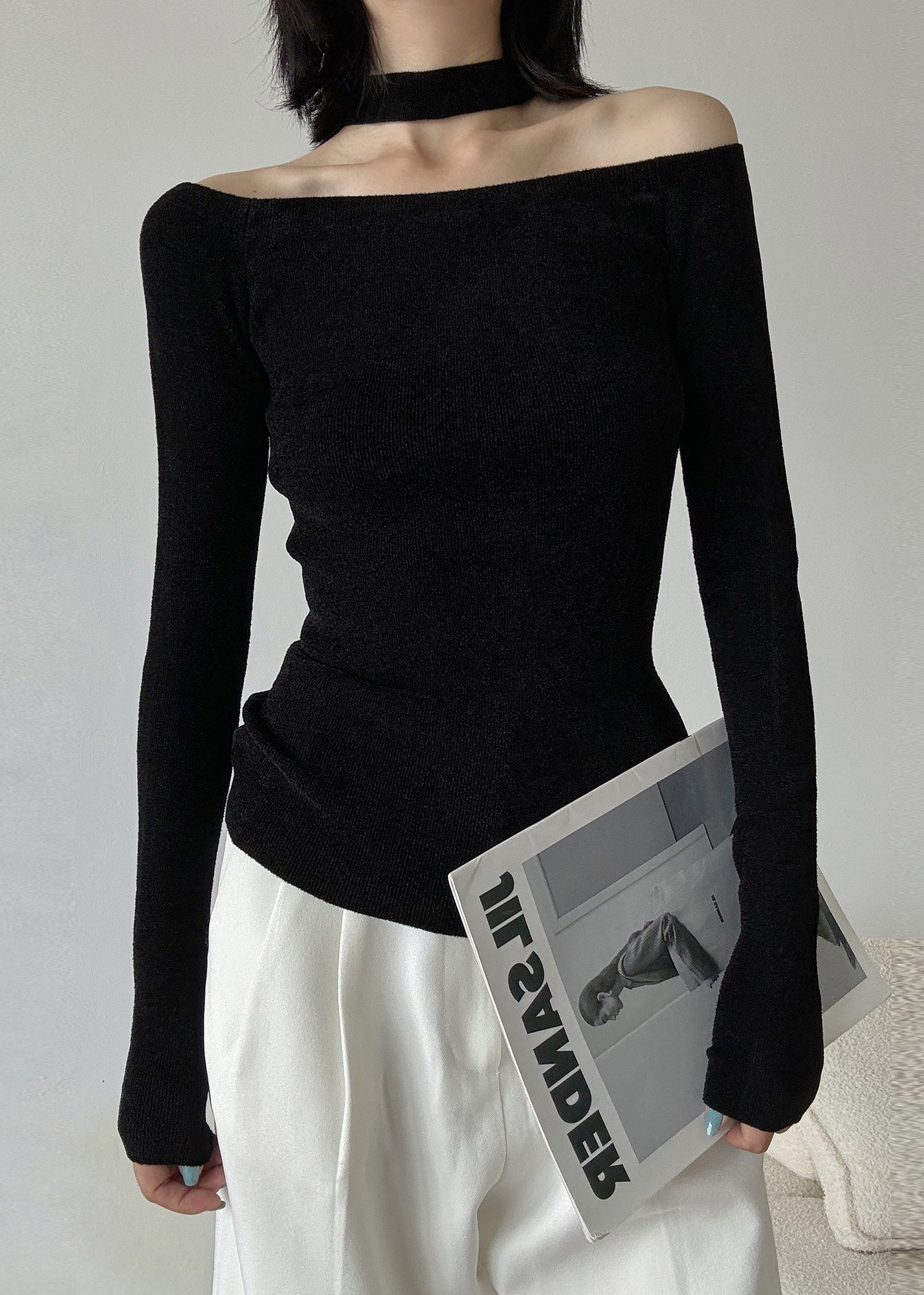 French Red Cold Shoulder Halter Knit Sweaters Spring TY031