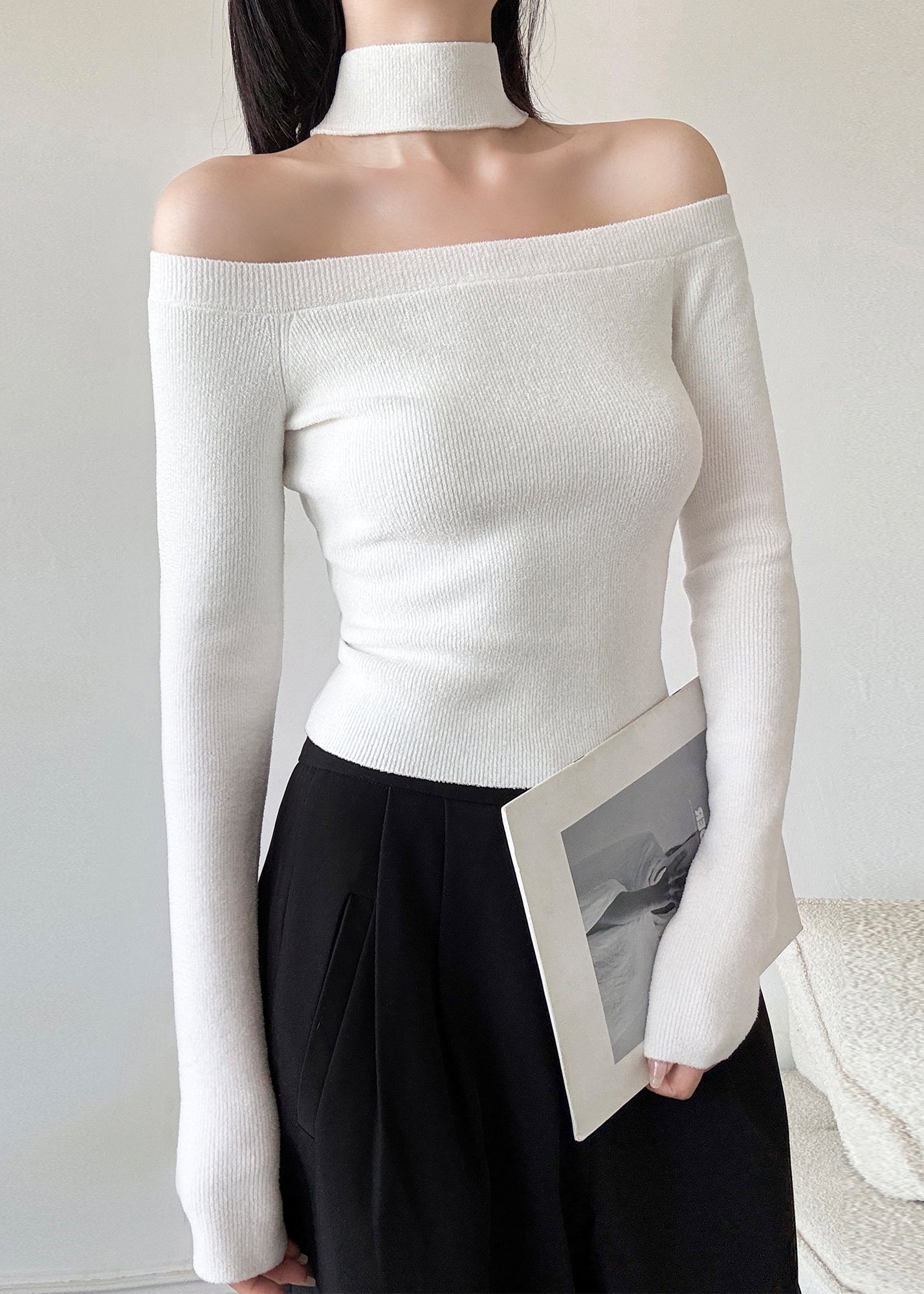 French Red Cold Shoulder Halter Knit Sweaters Spring TY031