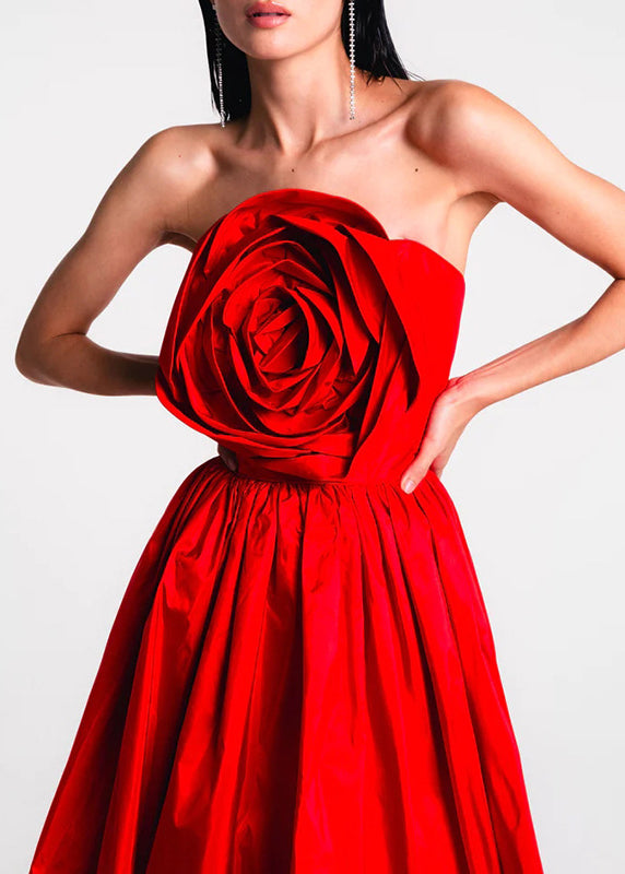 Rose Dress French Cold Holiday Red Shoulder Summer Maxi Patchwork