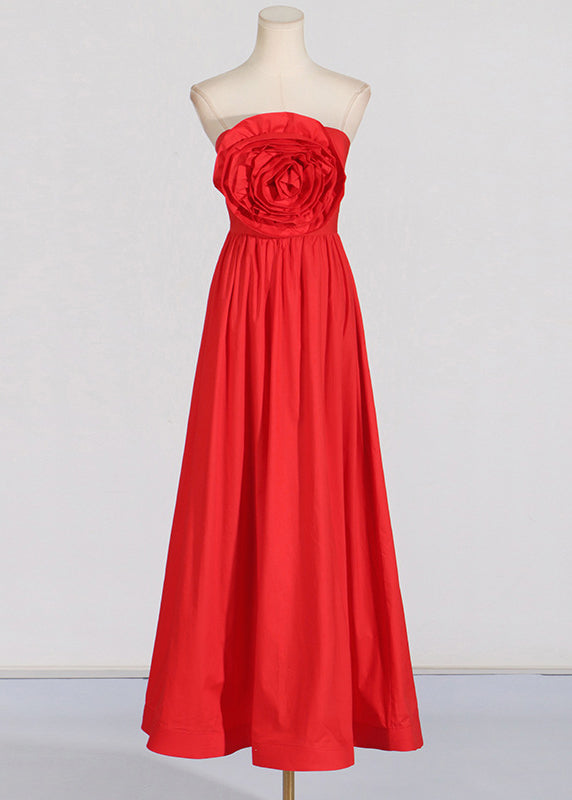 Rose Dress French Cold Holiday Red Shoulder Summer Maxi Patchwork