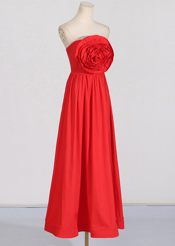 Rose Dress French Cold Holiday Red Shoulder Summer Maxi Patchwork