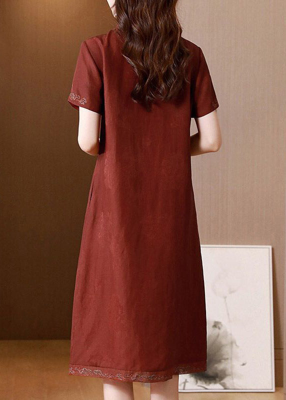 French Red Embroidered Button Pockets Silk Long Dress Summer OP1048