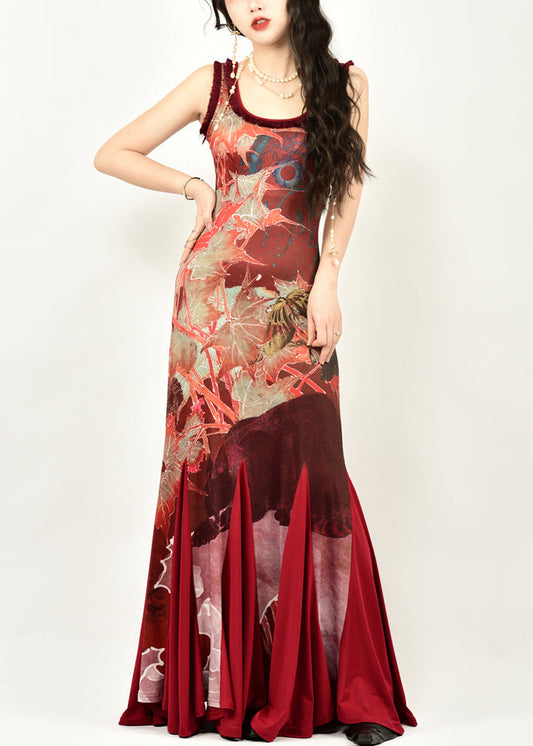 Französisches rotes O-Ausschnitt-Print-Patchwork-Baumwoll-Fischschwanz-Kleid ärmellos KK091