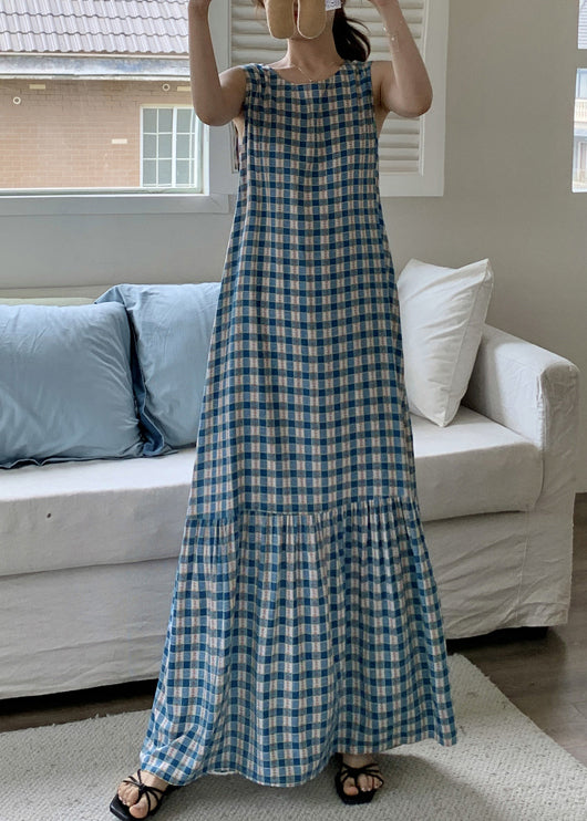 Sleeveless Red Maxi Plaid Dress French Cotton Wrinkled