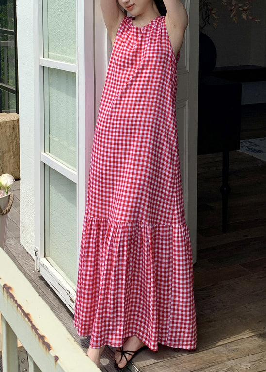 Sleeveless Red Maxi Plaid Dress French Cotton Wrinkled