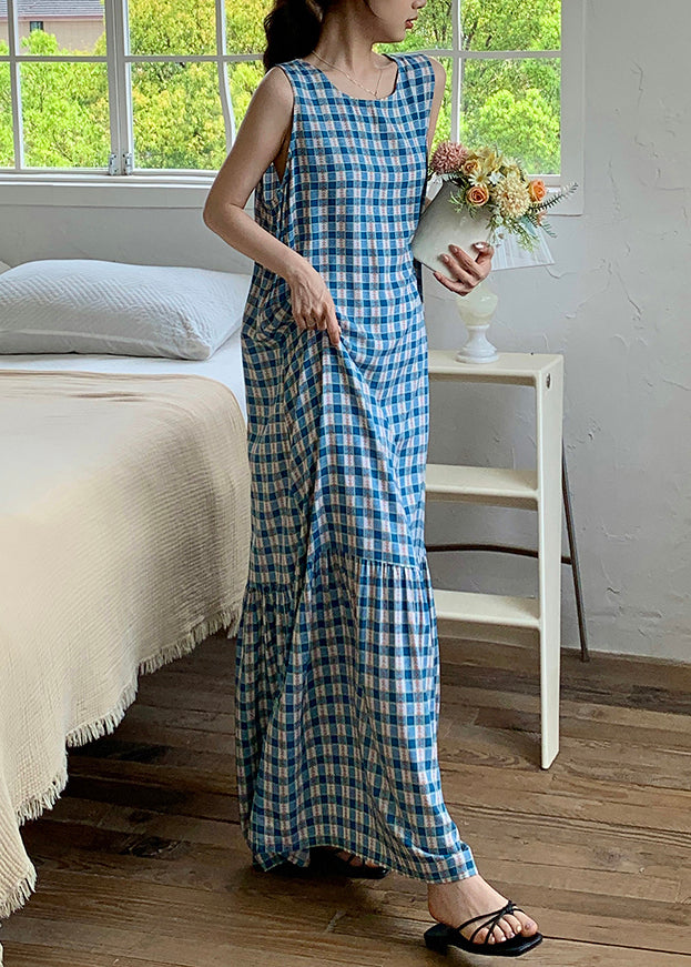 Sleeveless Red Maxi Plaid Dress French Cotton Wrinkled