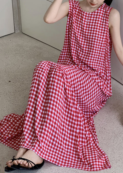 Sleeveless Red Maxi Plaid Dress French Cotton Wrinkled