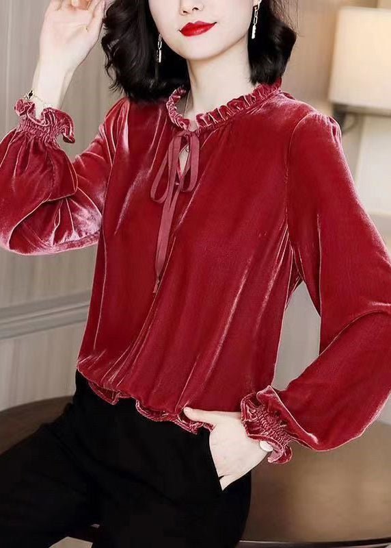 French Red Ruffled Patchwork Tie Lace Silk Velour Top Lantern Sleeve RK004