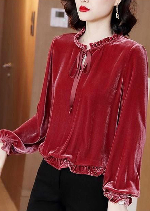 French Red Ruffled Patchwork Tie Lace Silk Velour Top Lantern Sleeve RK004